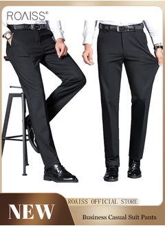 اشتري Men's Fashion Casual Business Pants Summer Light Thin High Elastic Pure Black Suit Pants With Pockets On Both Sides في الامارات