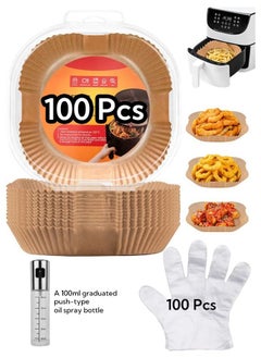 Buy 100Pcs Air Fryer Liners Greaseproof Nonstick Square Parchment Papers With an Oil Bottle and 100 Transparent Gloves in UAE