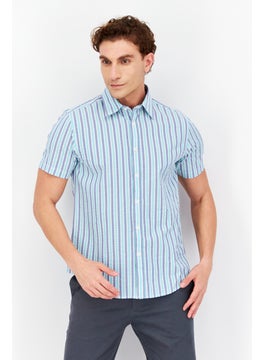 Buy Men Regular Fit Stripe Print Short Sleeve Casual Shirt, Blue/ Lime Green in UAE