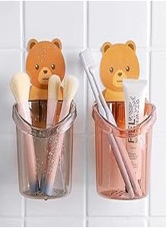 Buy Wolpin Toothbrush Holder (Set of 2 Pcs) Plastic Stand for Toothpaste, Comb, Brush, Cream, Lotion Kids Bathroom Cup Drain Waterproof Self-Adhesive, Teddy Bear in Egypt