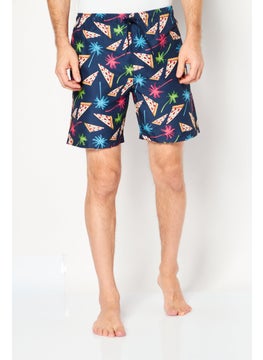 Buy Men Allover Print Drawstring Board Short, Navy Blue Combo in UAE