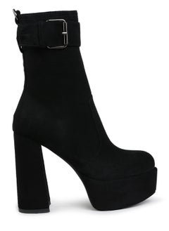 Buy Flared Block Heel Mid-Calf Boots in Black in UAE