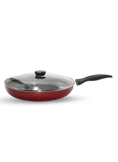 Buy Nonstick Flat Fry Pan with lid Red/Black 28CM in Saudi Arabia