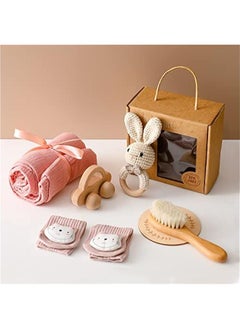 Buy New Born Baby Gift Basket, Baby Boys Girls Shower Gifts with Wooden Rabbit Rattles, 6PCs New Born Essentials Bath Set with Baby Brush,Blanket,Milestones Cards in UAE