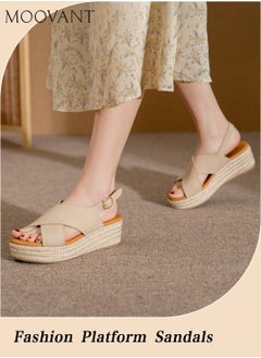 Buy Women's Wedge Sandals With Buckle Ankle Strap Comfortable Peep-toe Wedge Woven Platform Sandals Women's Summer Casual Shoes in Saudi Arabia