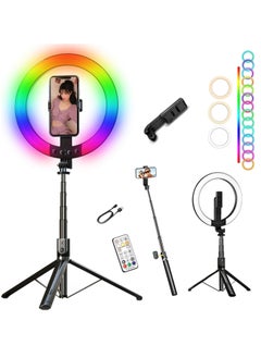 اشتري Tycom Selfie stick 10" RGB Ring Light with 180 cm long Stand and 2 Phone Holders,TikTok Ring Light 12 RGB Color Modes for YouTube Video Vlog Live Stream Makeup with Remote Control. في الامارات