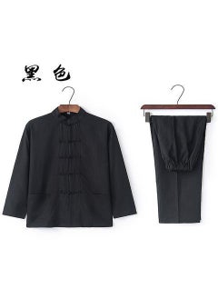 اشتري Mens Tang Suit Cotton Linen Chinese Traditional Summer Outfit Long Sleeve Black في السعودية