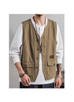 Buy Overalls Vest Jacket Summer Trendy Brand Sleeveless Vest ins Multi-Pocket Thin Waistcoat Tactical Vest JacketKhaki Khaki in Saudi Arabia