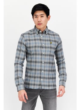 اشتري Men Spread Collar Long Sleeve Plaid Casual Shirt, Blue/Black في السعودية