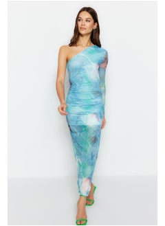 Buy Blue Patterned Draped Fitted Flexible Maxi Tulle Pencil Dress TWOSS23EL01799 in Egypt