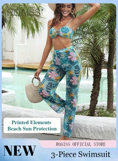 Buy 3 Pieces Tropical Plant Print Split Bikini Swimsuit Involves Tube Top and Swim Trunks with Beach Trousers in UAE