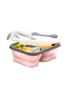 اشتري Eatronix Lunch Box, Leakproof Bento Box for Kids Adults, Reusable & Collapsible Double Compartment Food Container with Double-Sided Fork & Spoon, Microwave & Dishwasher Safe - Pink في الامارات