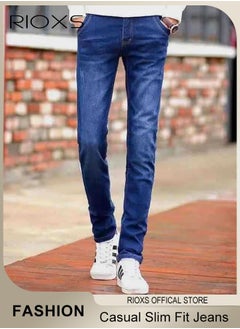 Buy Men's Straight Leg Jeans Casual Slim Fit Jeans Stretch Cropped Pants Lightweight Breathable Straight Pants in UAE