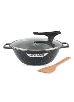 Buy 32cm (6.1 Liter) LIFE SMILE Wok Pan with Glass Lid - Induction Bottom Safe Frying Pan Double Handle with Durable Non-Stick Granite Coating - Oven Safe Fry Pan With Wooden Turner in UAE