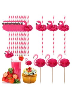 Buy 50 Pcs Flamingo Striped Paper Straws Decorations Disposable Water and Picks for Handmade Wood Toothpicks Food Tropical Hawaiian Luau Party in Saudi Arabia