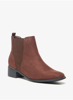 Buy Women's Solid Slip-On Ankle Boots with Gusset and Block Heels in UAE