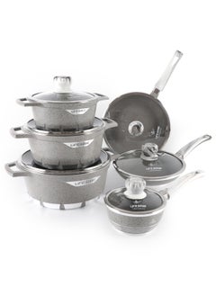 اشتري 12-Piece Granite Pots and Pans Set Molded Looped Handles with Premium Glass Lids -Non Stick Cookware Set Includes Casserroles 20/24/28cm, Frying Pans 20/24cm and Sauce Pan 16cm Oven Safe Grey في الامارات