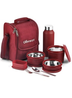 اشتري Teso Pro Lunch Box with Steel Cutlery, 3 Microwave Safe Inside Steel Containers with BPA free Lids (290ml, 450ml, 600ml), Plastic Pickle Box (130ml), Steel Water Bottle (750ml) - Maroon في الامارات