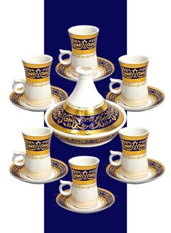 Buy 14-Pieces Ceramic Tea Set With Dessert Dish With Decorative Lid in UAE