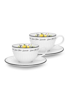 اشتري Set of 2 Cups with Saucer 250ml, Lemon Provence,Durable Porcelain,Stylish Design Microwave&Dishwasher Safe في الامارات