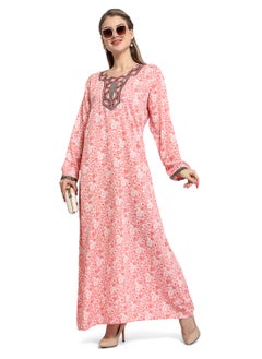 Buy FRONT NECK EMBROIDERED AND FLORAL EMBROIDERED PINK COLOUR ARABIC KAFTAN JALABIYA DRESS in UAE