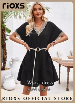 Buy Women's Casual Summer Dresses Lace Short Sleeve Dress V Neck Flowy Mid Dress with Belt in UAE