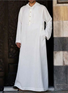 Buy Men's Muslim Robe Thobe Solid Color Hooded Long Sleeve Kaftan With Pockets Casual Shirt White in Saudi Arabia
