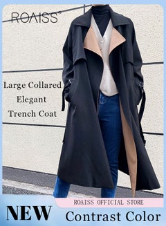 Buy Women's Contrast Color Black Trench Coat with Wide Belted Contrasting Lapes Women's Raglan Sleeve Windbreaker Oversized Lapel Collar Straight Shoulders Long Sleeves in UAE