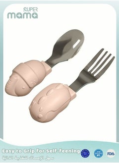 Buy Baby Spoon Fork Set, Stainless Steel Self Feeding Kids Utensils with Silicone Handle And Storage Box in UAE