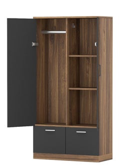 اشتري Mahmayi Wooden Wardrobe with 2 Doors, 2 Drawers, Hanging Rod and 2 Compartments, Wooden Closet Storage Cabinet for Bedroom, Living Room - Dark Hunton Oak and Lava Grey في الامارات