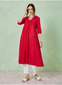 اشتري Cotton Embroidered Neck A-Line Kurta with Pocket Detail في السعودية