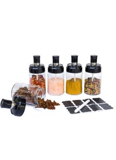 Buy Borosilicate Set of 4 Glass Spice Jars with spoon cover for spice organizer, Condiment Pots with 8 waterproof spice jar labels and 1 marker, Seasoning bottle with Airtight Cap 250ml (8.45oz) in UAE