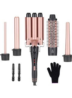 Buy Curling Wand Set, 5-IN-1 Hair Curler Iron, Professional Curling Wand Set, Instant Heat Up Hair Curler with 5 Interchangeable Ceramic Barrels (9-32mm), with Heat Protective Glove & 2 Clips (D) in UAE