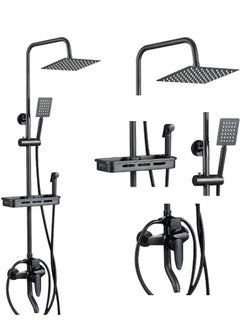 Buy Matte Black Exposed Shower System Triple Function Bathroom Shower Faucet 20cm Square Swivel Rainfall Shower Head with Handheld Adjustable Complete Set Tub Spout Wall Mount Tap Set in UAE