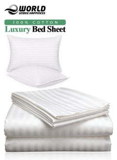 Buy 3 Piece Luxury White Striped Bed Sheet Set with 1 Flat Sheet and 2 Pillowcases for Hotel and Home Crafted from Ultra Soft and Breathable Cotton for Year-Round Comfort, (Single/Double) in UAE