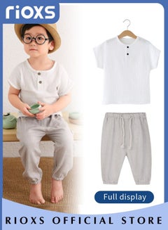 اشتري Toddlers Boys 2pcs T-Shirt and Pants Sets Cotton Linen Summer Short Sleeve Harem Pant Children Comfortable Clothing Pants Sets في الامارات