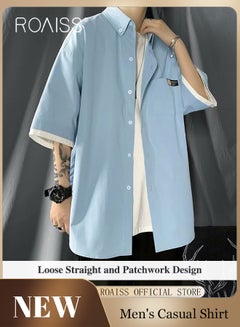 Buy Buttoned Short-Sleeved Shirt for Men Summer Casual Versatile Loose Lapel Collar Shirt Pure Color Pocket Decoration Quarter Sleeves Thin Tops Suitable for Dad Husband Boyfriend and Son in UAE