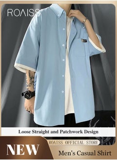 Buy Buttoned Short-Sleeved Shirt for Men Summer Casual Versatile Loose Lapel Collar Shirt Pure Color Pocket Decoration Quarter Sleeves Thin Tops Suitable for Dad Husband Boyfriend and Son in UAE