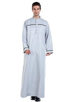 اشتري Mens Stand Collar Concise Style Long Sleeve Abaya Robe Islamic Arabic Casual Kaftan Light Grey في الامارات