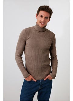 Buy Mink Men's Fitted Tight Fit Turtleneck Corduroy Knitted Sweater in Egypt