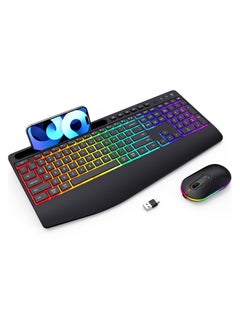 Buy Wireless Keyboard and Mouse RGB Backlit- 2.4G Rechargeable Keyboard Full-Size with Phone/Tablet Holder, Silent Ergonomic Wireless Keyboard Mouse Combo for Computer, PC, Laptop in UAE
