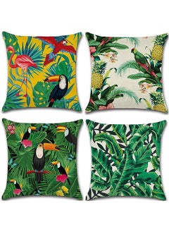 اشتري Pillow Covers Green Cushion Covers Leaf, Tropical linen pillow covers with flamingo, Pack of 4 square jungle throw pillowcase, For sofa, couch, bedroom outdoor cushions 45 cm x 45 cm في الامارات