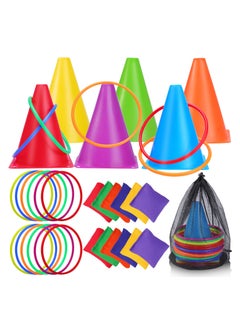 Buy 3 in 1 Carnival Games Set, 31Pcs Soft Plastic Cones, Cornhole Bean Bags Ring Toss Game for Kids Adults Birthday Party Indoor Outdoor Games Supplies, Obstacle Course Supplies(Random Color) in UAE