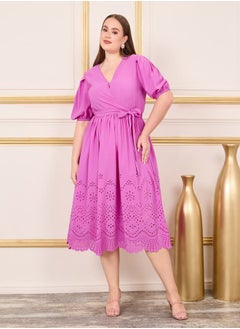 Buy Plus Schiffli Puff Sleeves Wrap Midi Dress in Saudi Arabia