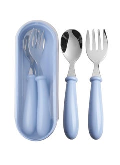 Buy 1 Sets Toddler Utensils Stainless Steel Fork and Spoon with Silicone Handle, Kid Safe Utensils Children's Flatware Kids Cutlery Set with Round Handle for LunchBox (Blue) in UAE