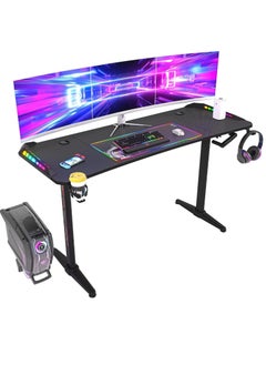 Buy Gaming Desk with RGB Light 160x60.5cm PC Computer Table Y Shaped Gamer Home Office Deck with Cup Holder and Headphone Hook Carbon Fiber Tabletop Large Workstation in Saudi Arabia