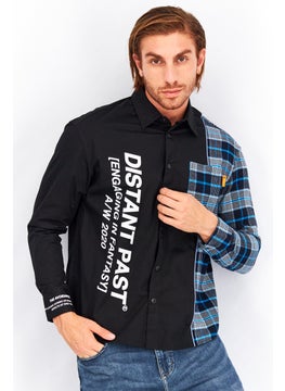 Buy Men Loose Fit Plaid Long Sleeve Casual Shirt, Black in UAE