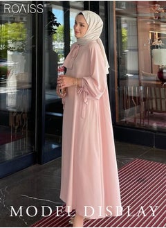 اشتري Abaya Style Solid Color Satin Dress Women'S Fashion Versatile Waist Daily Commuting Long-Sleeve Long Skirt في الامارات