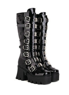 Buy Women's Punk Thick Soled Buckle Knee High Boots Round toe Platform Booties Black in Saudi Arabia