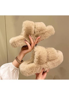 Buy Autumn Winter Womens Fluffy Slides, Fashion Cross-Strap Rabbit Fur Thick-Soled Slippers Double strap(Beige) in UAE